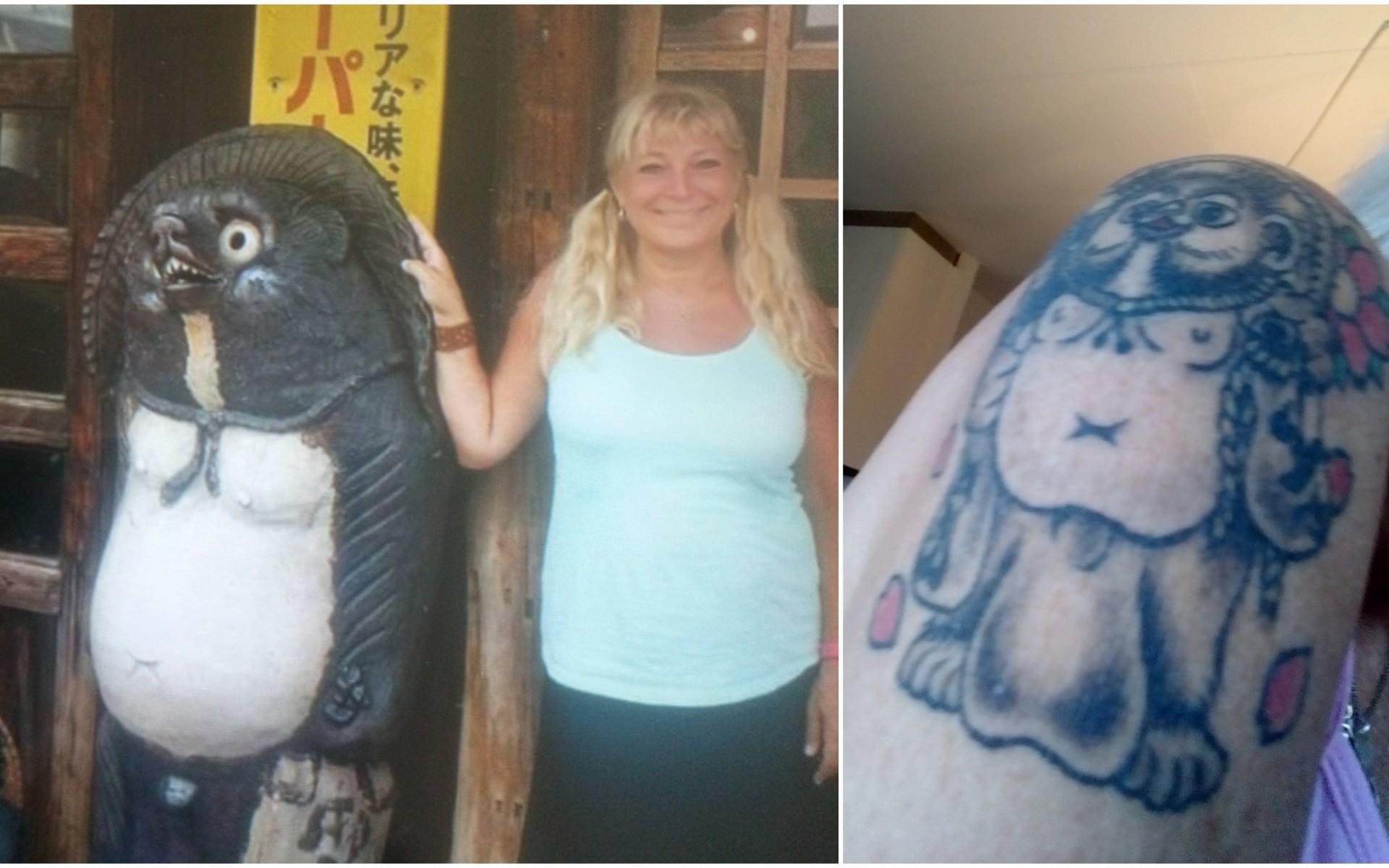 Maria Degerström väntade med att göra sin första tatuering tills hon fyllde 50 år. ”Han heter Tanuki och är en japansk mårdhund. En gång i tiden var han ganska elak nu har han blivit lite snällare i sagorna. Han flyger med sina stora pung kulor. Han brukar stå utanför barer i Japan.”