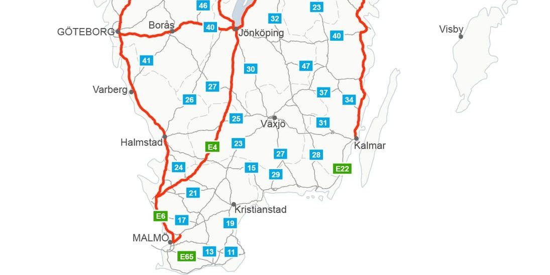 Bilden visar många av de mest trafikerade vägarna i Sverige. Fullständig karta hittas på Trafikverkets hemsida. Bild: Trafikverket