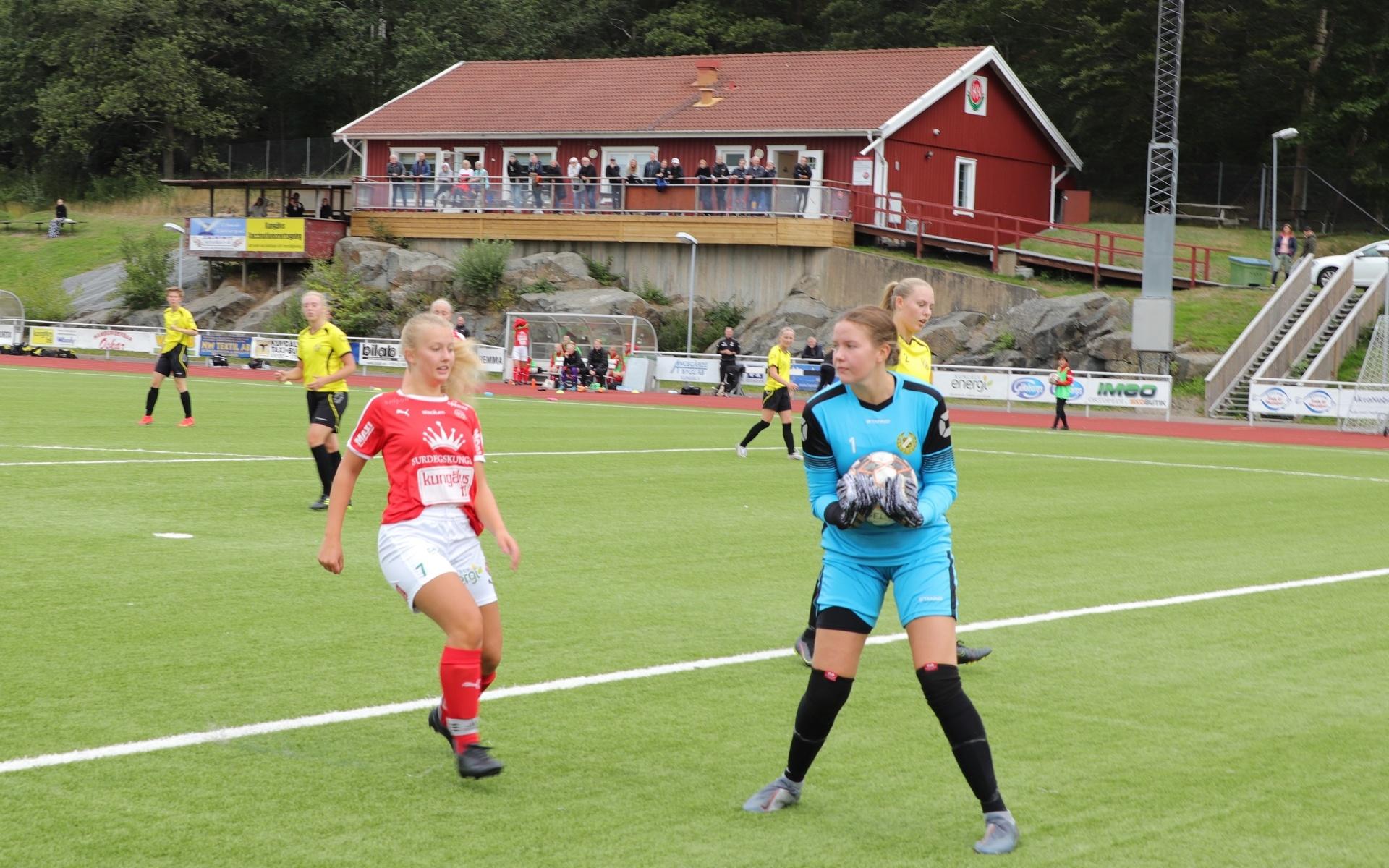 Sofia Fröström i Kodes mål fångar bollen framför Kongahälla/KFF:s Emma Hansson. Lördagens match slutade 1–1.