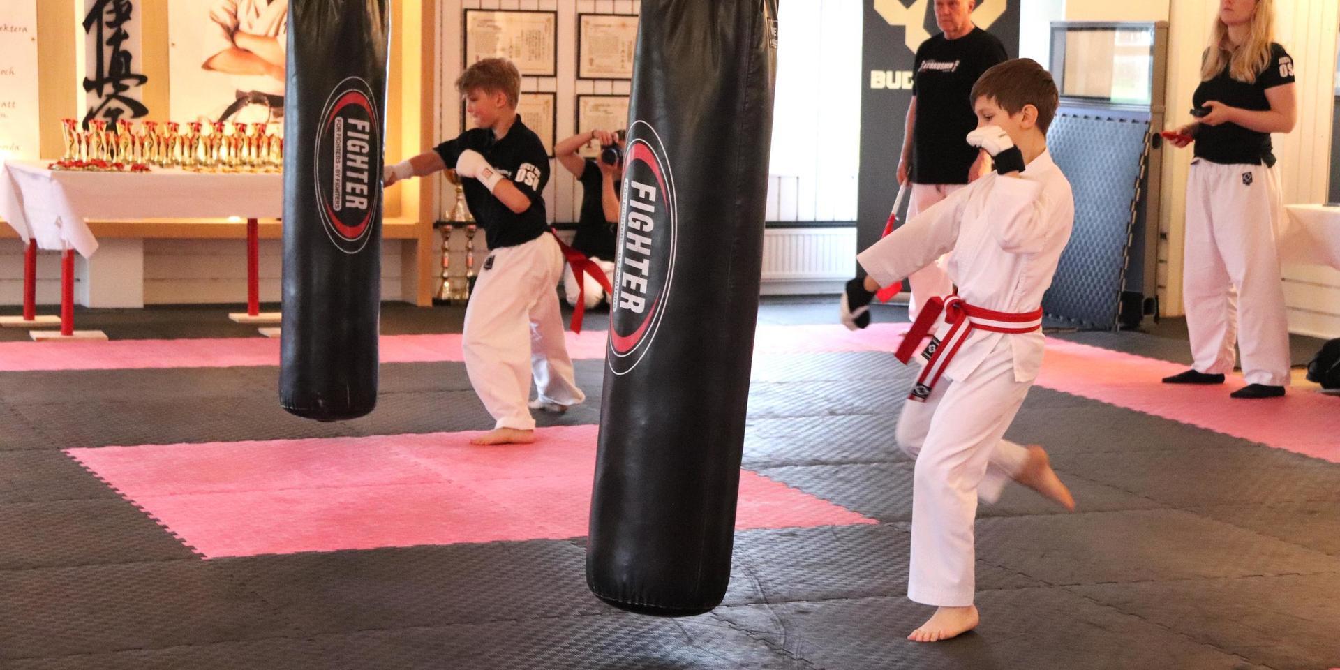 Charlie Wohlfarth och Wiggo Kvarnryd i tävling i bagfighting på Kungälvs Kyokushin karate.